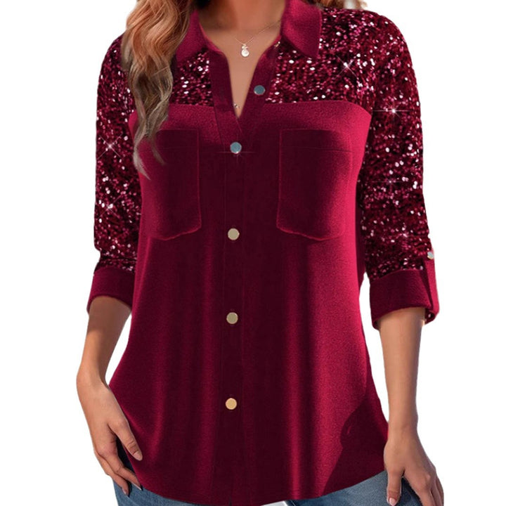 Damen nan Paillettenbesetzte Tunika-Bluse mit Hemdkragen, Brusttaschen und legerer Passform Drune