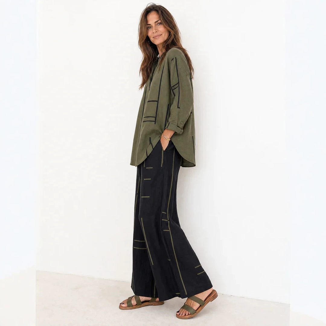 Damen Lockeres Hemdblusen- und Palazzo-Hose-Set aus Leinenoptik Drune