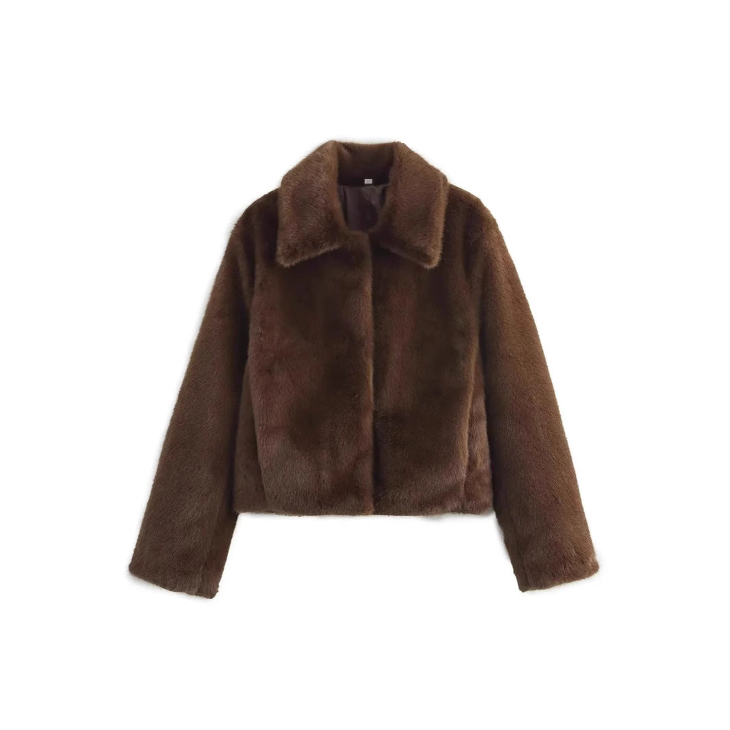 Damen Kurze Boxy-Kunstpelzjacke mit Hemdkragen und dichter Hochflorstruktur Drune