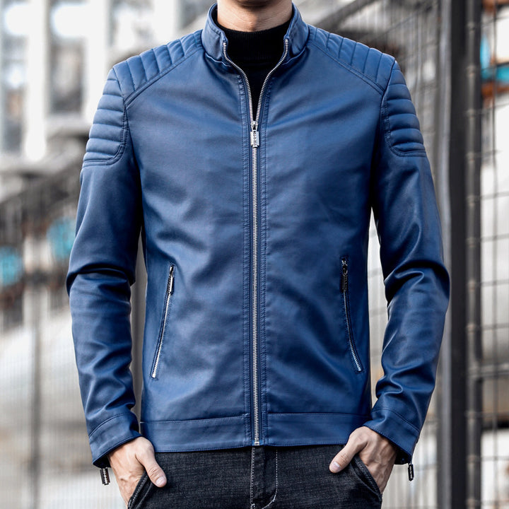 Herren Schmale Kunstleder‑Fliegerjacke mit gepolsterten Schultersteppungen und Stehkragen Drune