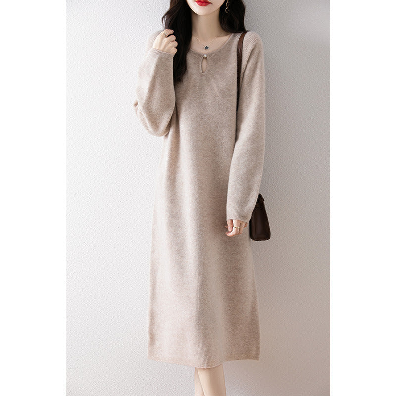 Damen gemütliches Strickkleid mit tiefem Ausschnitt und eleganter Schnittführung Drune
