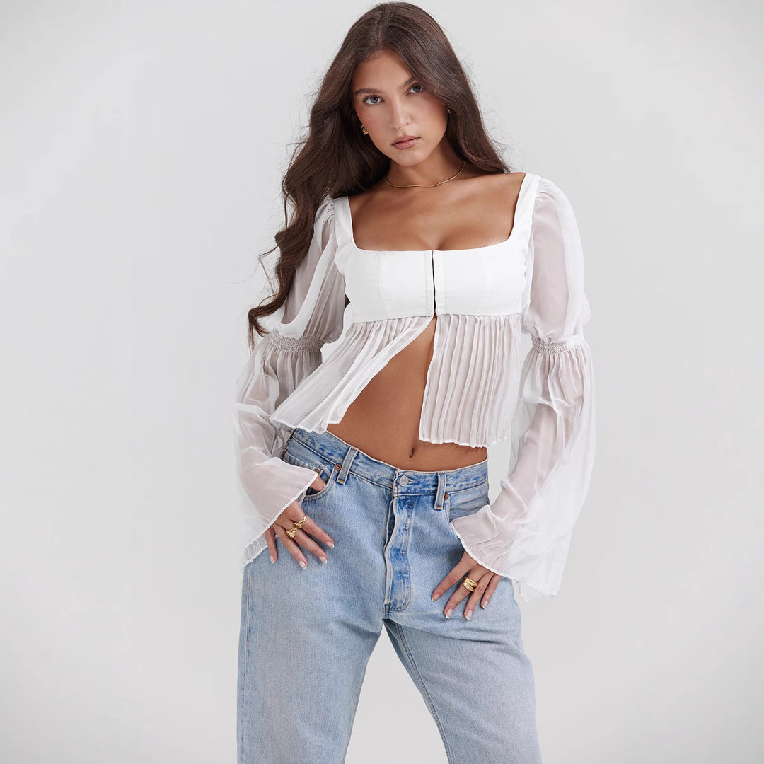 Damen Cropped Bluse mit Puffärmeln Drune