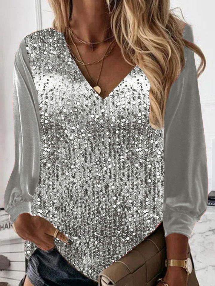 Damen Glitzernde Pailletten V-Ausschnitt Bluse mit Satinärmeln Drune