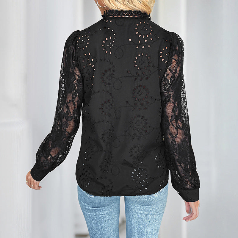 Damen Spitzenbluse mit Lochstickerei, Stehkragen und transparenten Puffärmeln Drune
