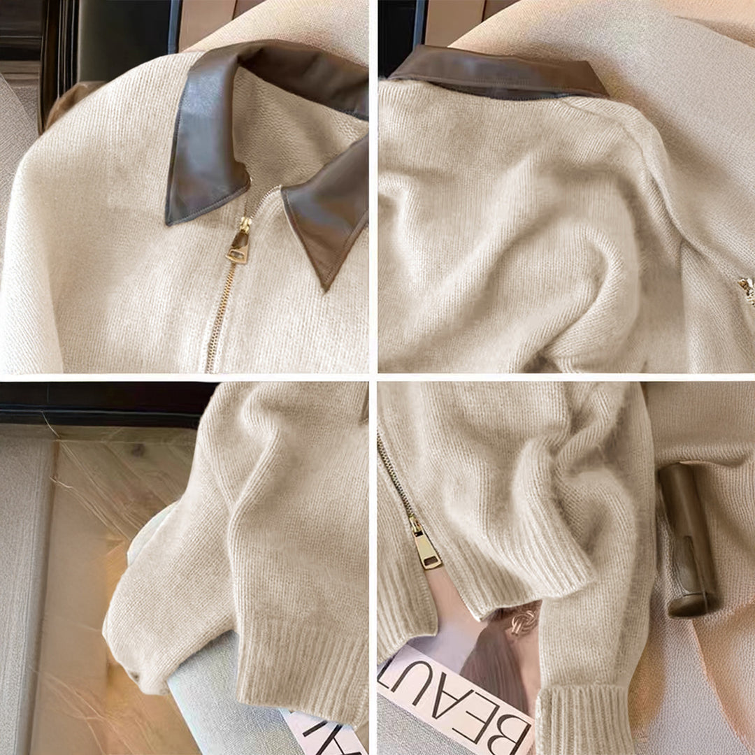 Damen nan kurz geschnittener Strickblouson mit Kunstlederkragen und goldfarbenem Metallreißverschluss Drune