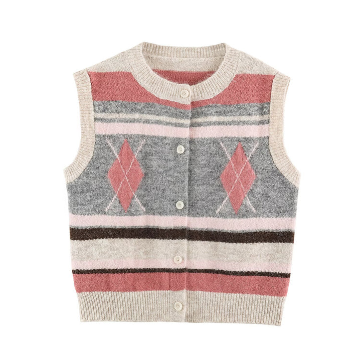 Damen Ärmellose Argyle-Strickweste mit durchgehender Knopfleiste und geripptem Saum Drune