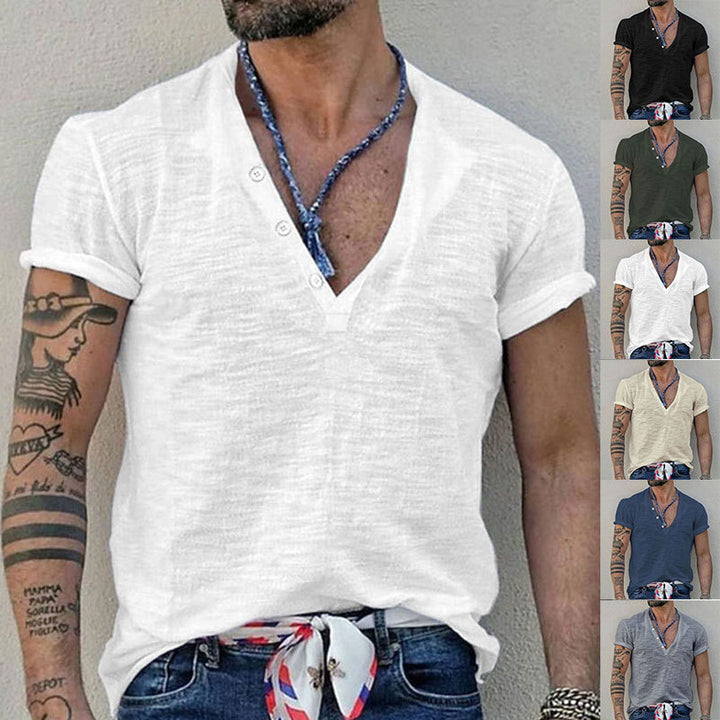 Herren nan Kurzarmshirt im Henleystil aus Slub-Baumwolljersey mit kurzer Knopfleiste Drune