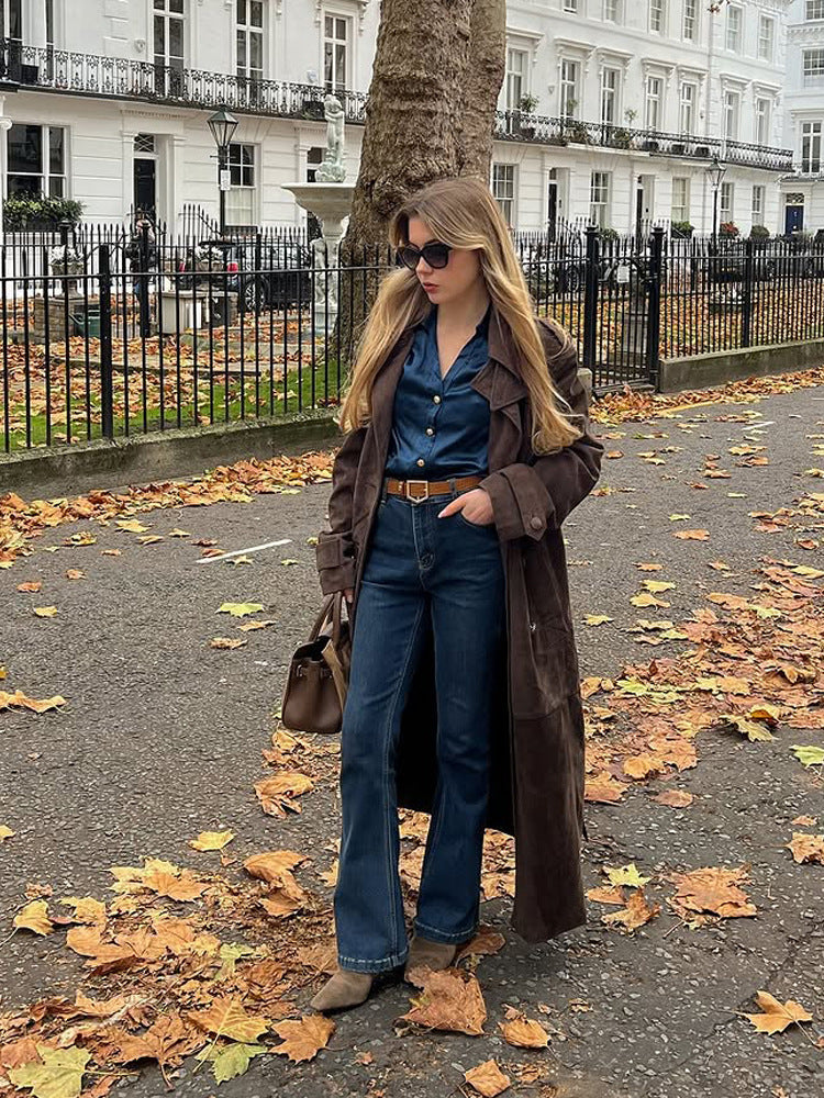 Damen Langschnitt Wildleder-Trenchcoat mit Oversize-Kragen und Bindegürtel Drune