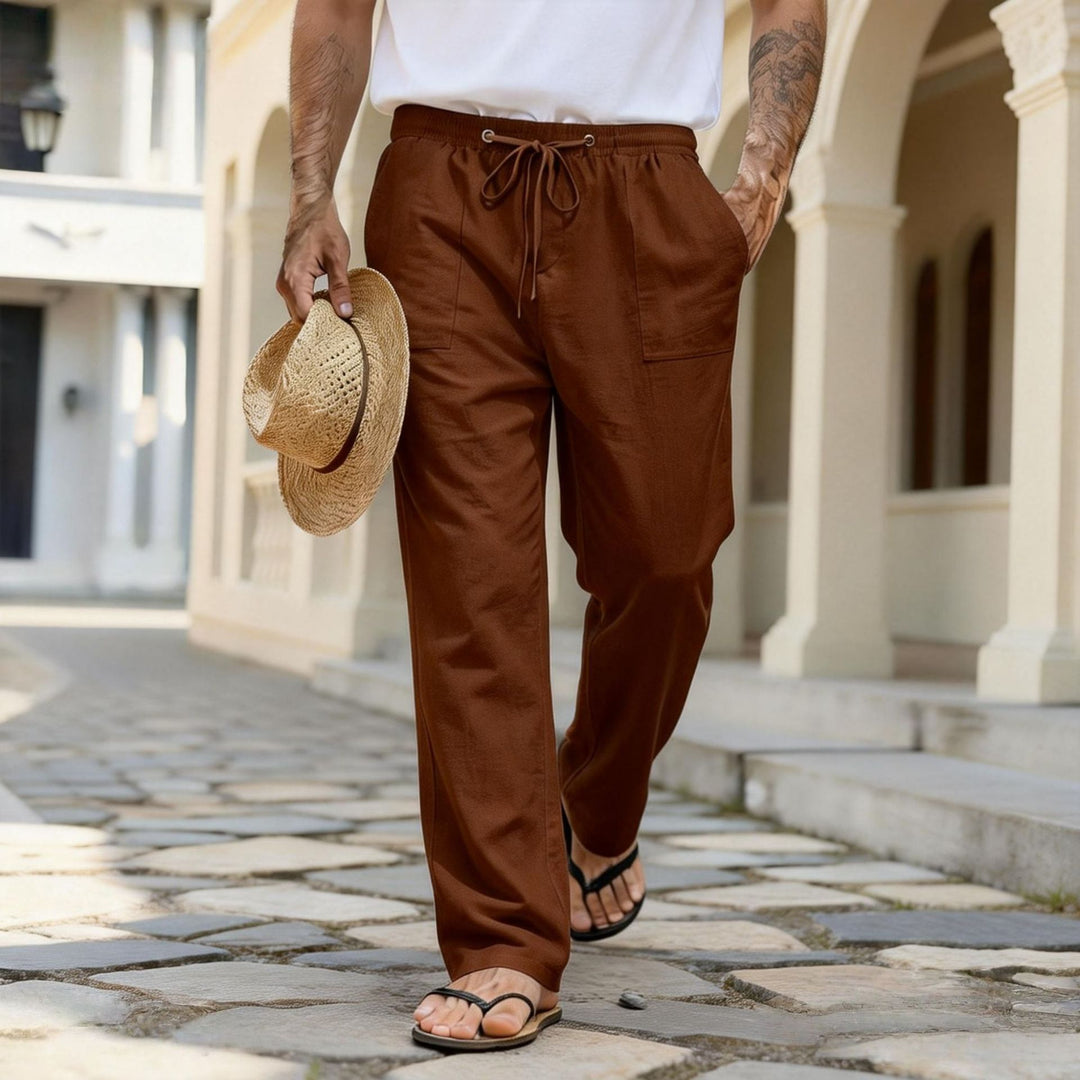 Herren leichte Leinenhose mit elastischem Bund und Kordelzug Drune