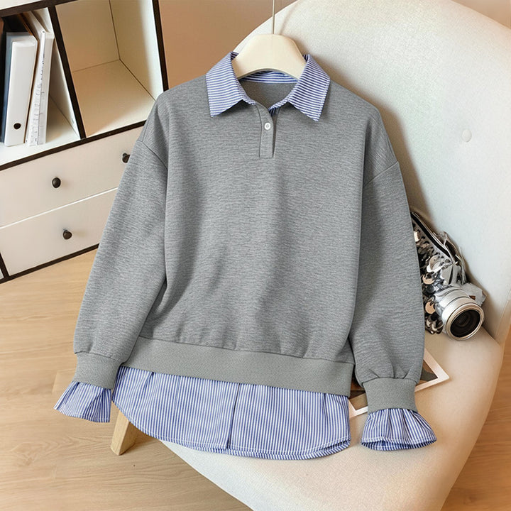 Damen Lagen-Look Sweatshirt mit eingearbeitetem Hemdsaum und Rüschenmanschetten Drune