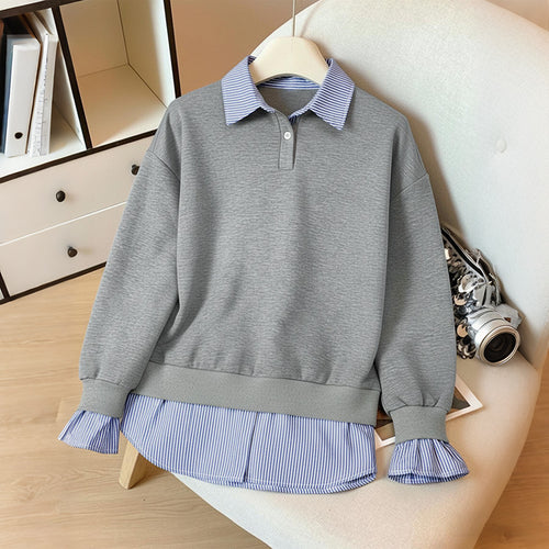 Damen Lagen-Look Sweatshirt mit eingearbeitetem Hemdsaum und Rüschenmanschetten Drune