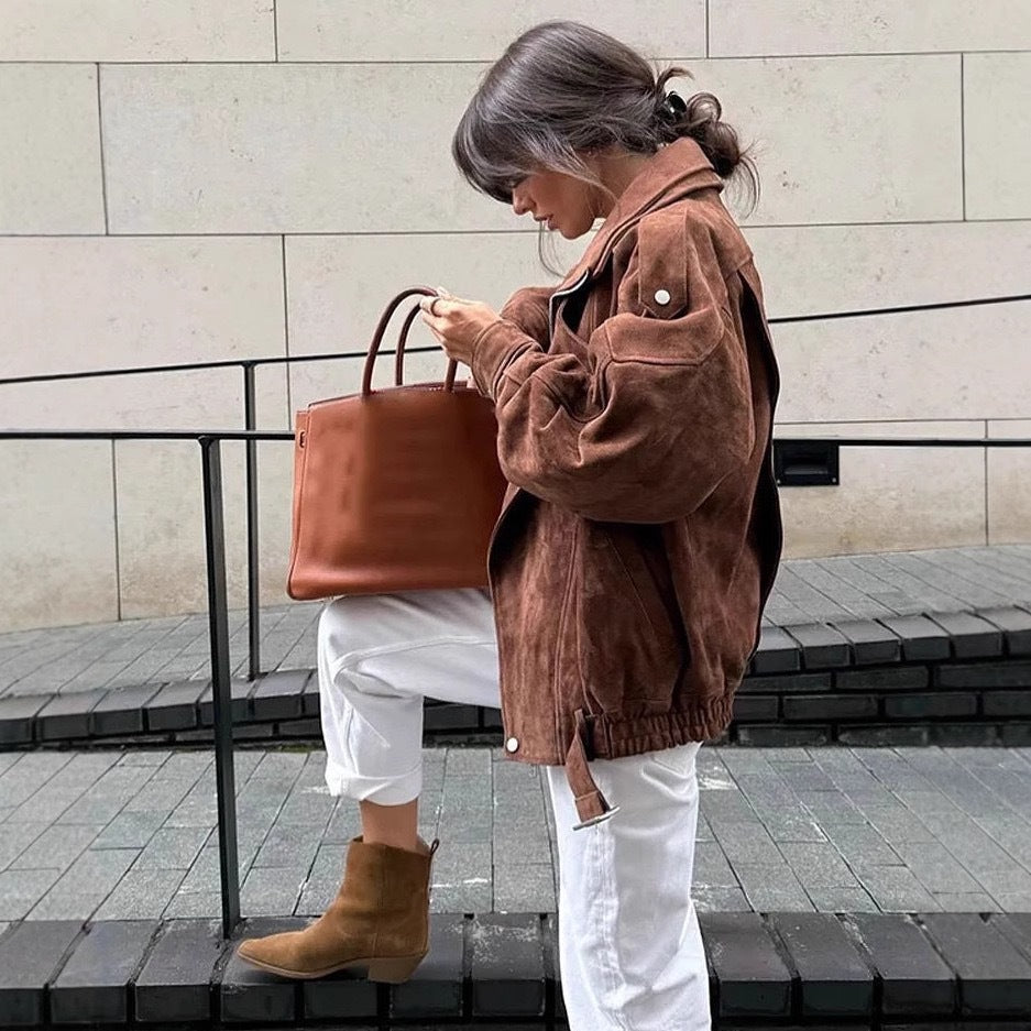 Damen Modische Kunstlederjacke mit breitem Kragen und Taillengürtel Drune