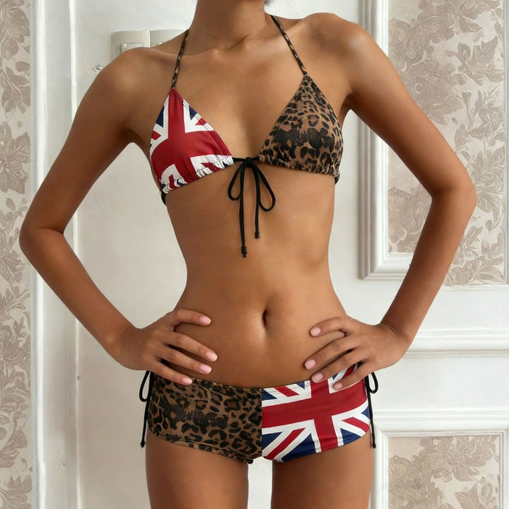 Damen Bikiniset mit Leopardenmuster und Union Jack Akzenten Drune