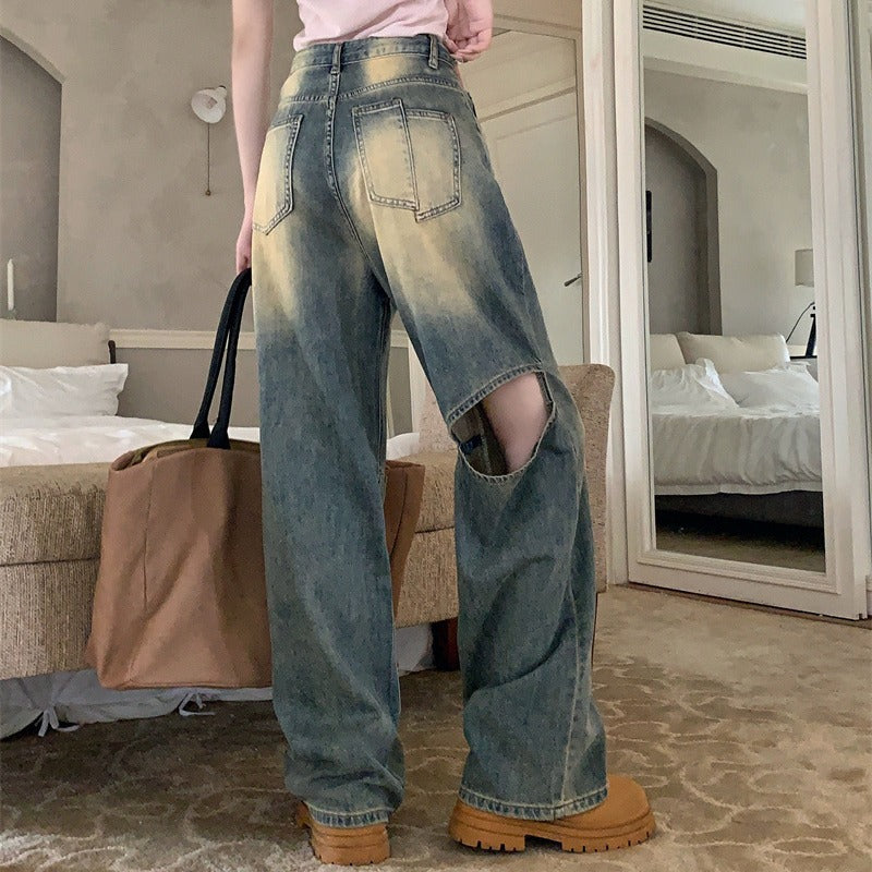 Damen Weite Denim-Hose mit asymmetrischen Knöpfen Drune