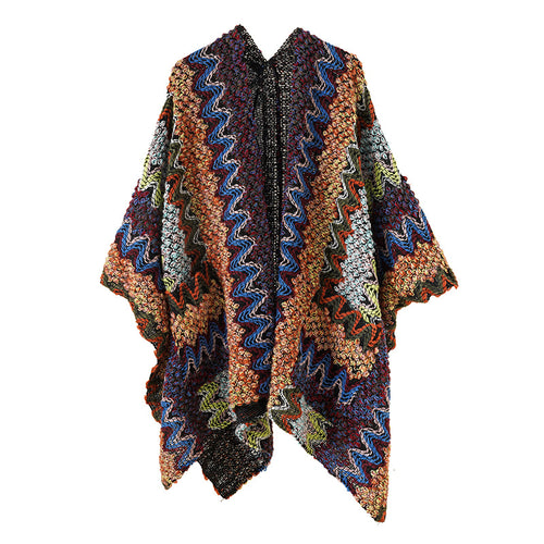 Damen Grobgestrickter Ethno-Ruana-Poncho mit Zickzack‑Jacquard und offenem Fall Drune