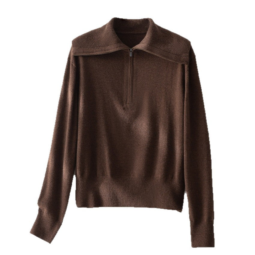 Damen Feiner Half-Zip-Pullover mit großzügigem Umschlagkragen und slimem Schnitt Drune