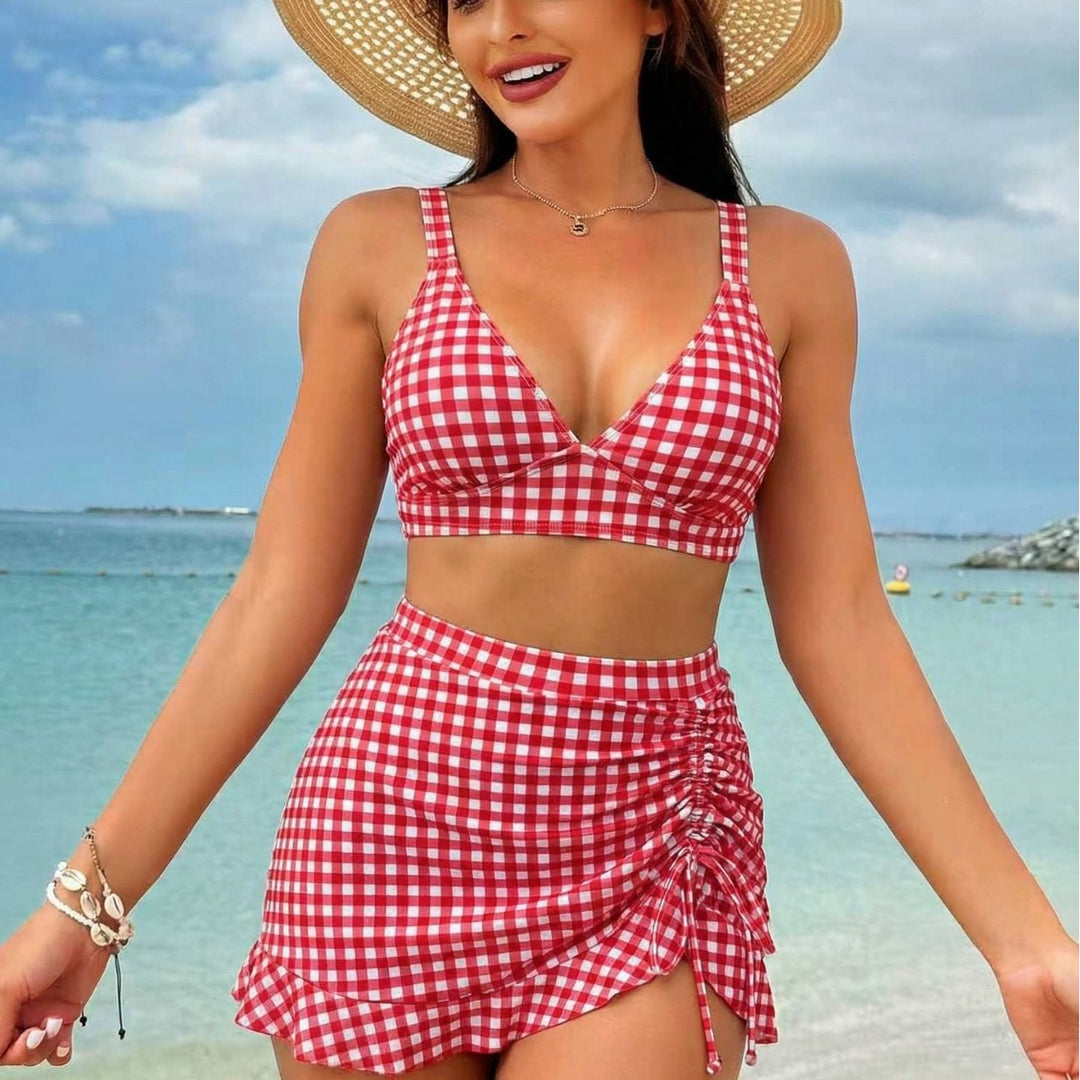Damen Kariertes Bikini-Set mit verspieltem Rock Drune