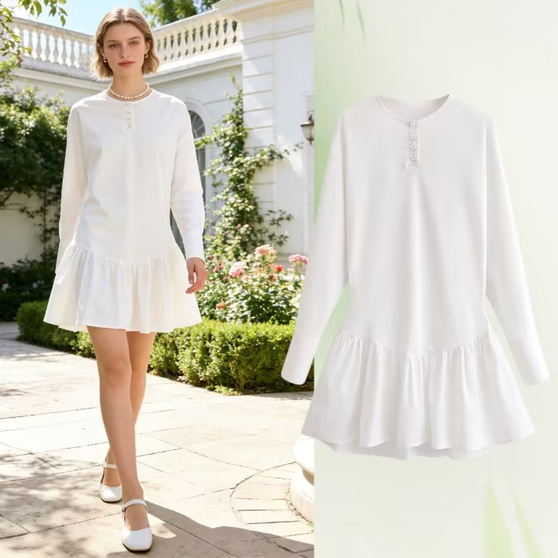 Damen Lockeres Longsleeve Tunika-Kleid mit Henley-Knopfleiste und Stufenrock Drune