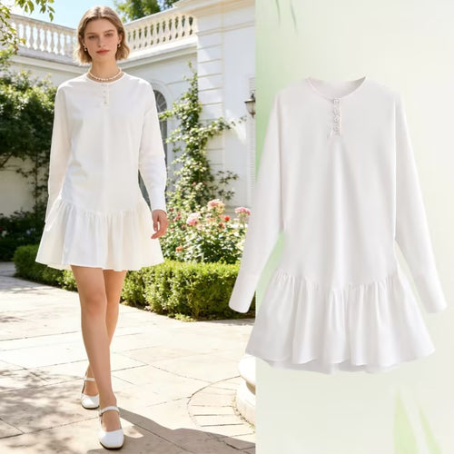 Damen Lockeres Longsleeve Tunika-Kleid mit Henley-Knopfleiste und Stufenrock Drune