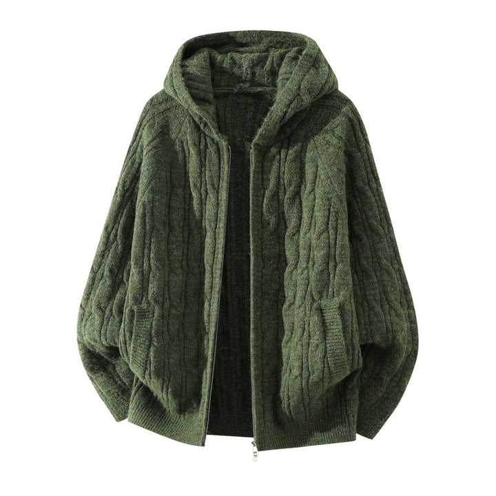 Damen Oversize Zopfstrick-Kapuzencardigan mit durchgehendem Reißverschluss und Ballonärmeln Drune