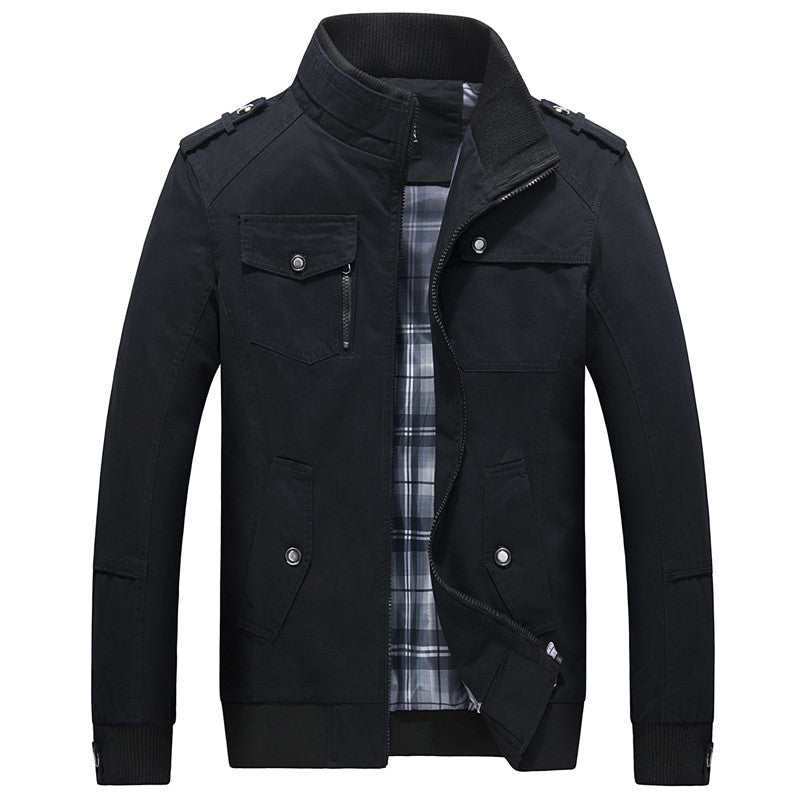 Herren Übergangsjacke im Field‑Stil mit Stehkragen, Epauletten und kariertem Innenfutter Drune