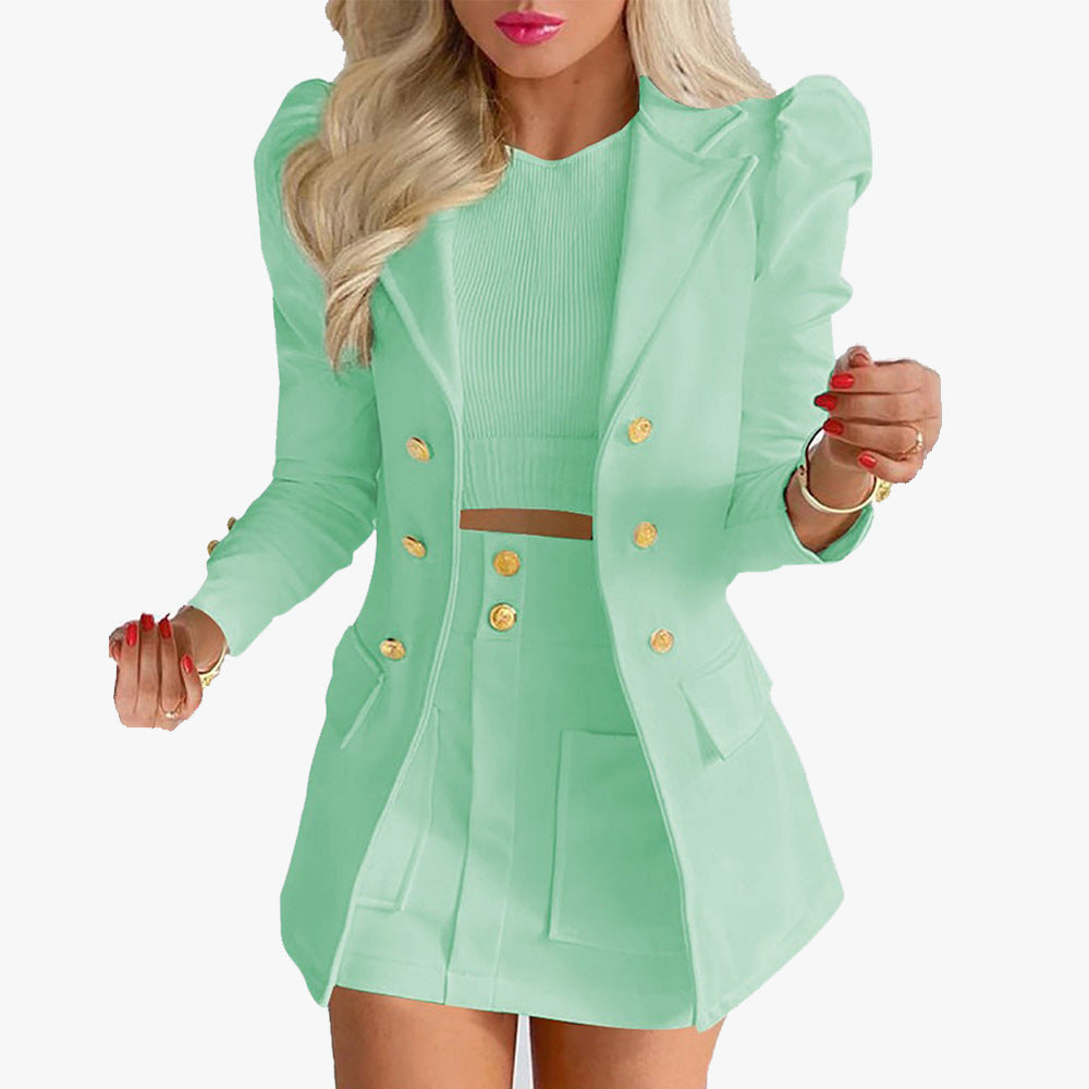 Damen Taillierter Doppelreihiger Blazer mit Puffärmeln und goldenen Zierknöpfen Drune