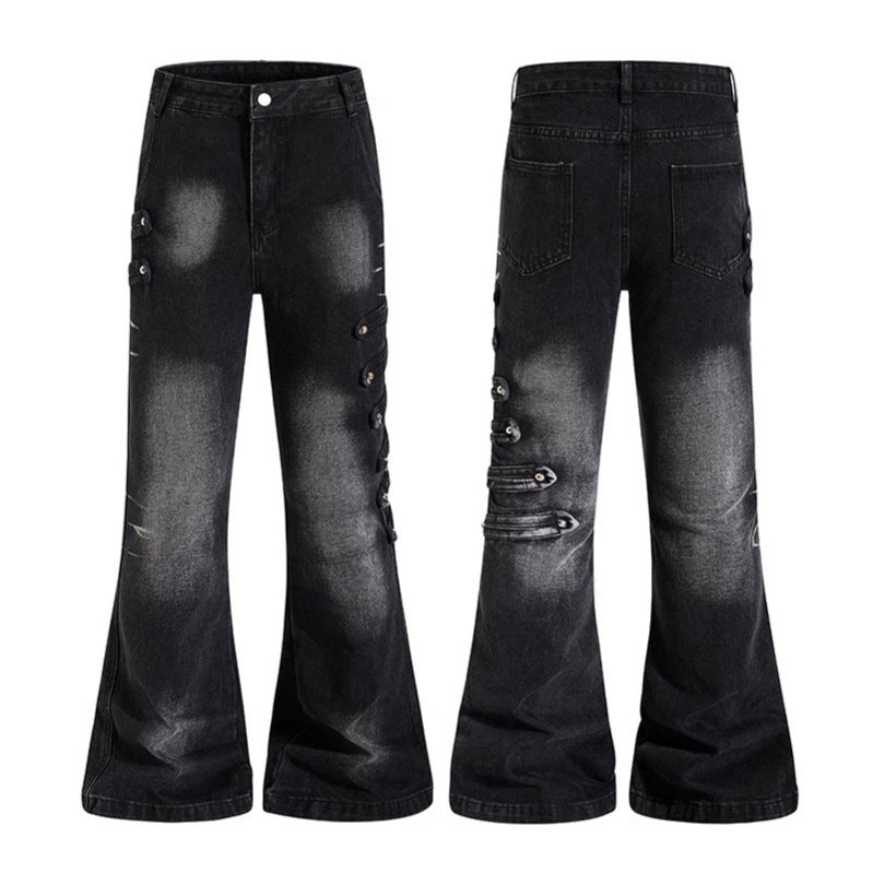 Damen Weite Jeanshose mit Used‑Effekt und seitlichen Zierknopfleisten Drune