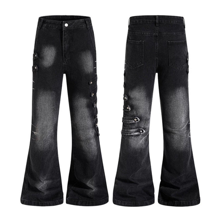 Damen Weite Jeanshose mit Used‑Effekt und seitlichen Zierknopfleisten Drune