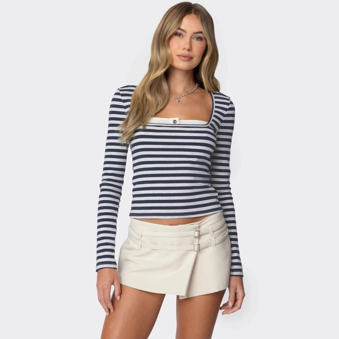 Damen Langarmshirt mit Quadrat-Ausschnitt und maritimem Streifenmuster Drune