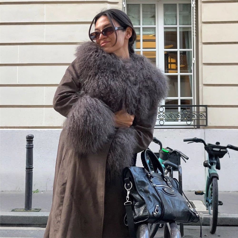 Damen Mantel aus Veloursleder‑Optik mit voluminösem Faux‑Fur‑Schalkragen, Fellmanschetten & Taillengürtel Drune