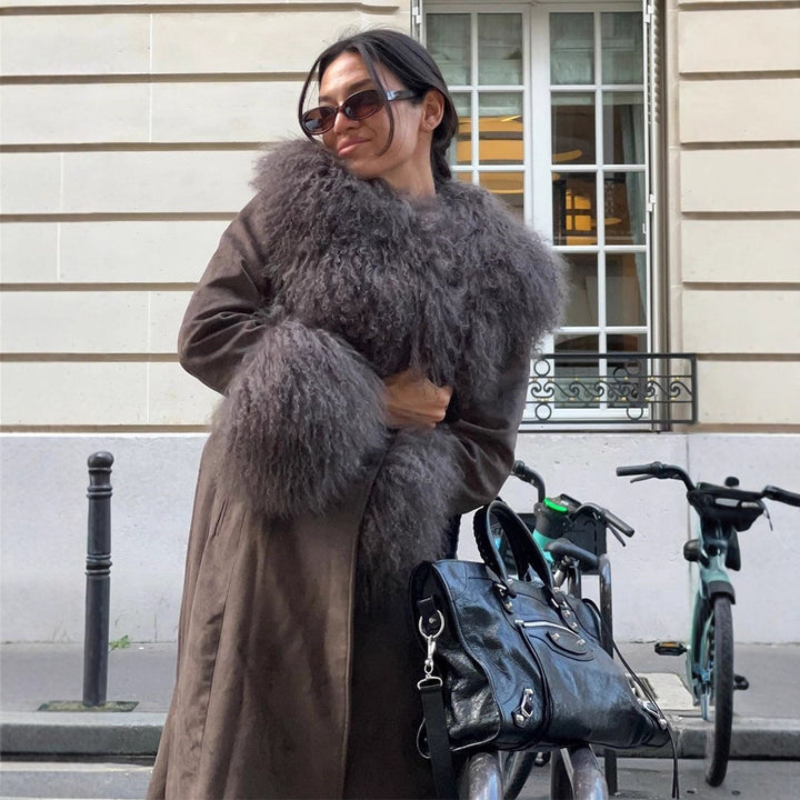 Damen Mantel aus Veloursleder‑Optik mit voluminösem Faux‑Fur‑Schalkragen, Fellmanschetten & Taillengürtel Drune