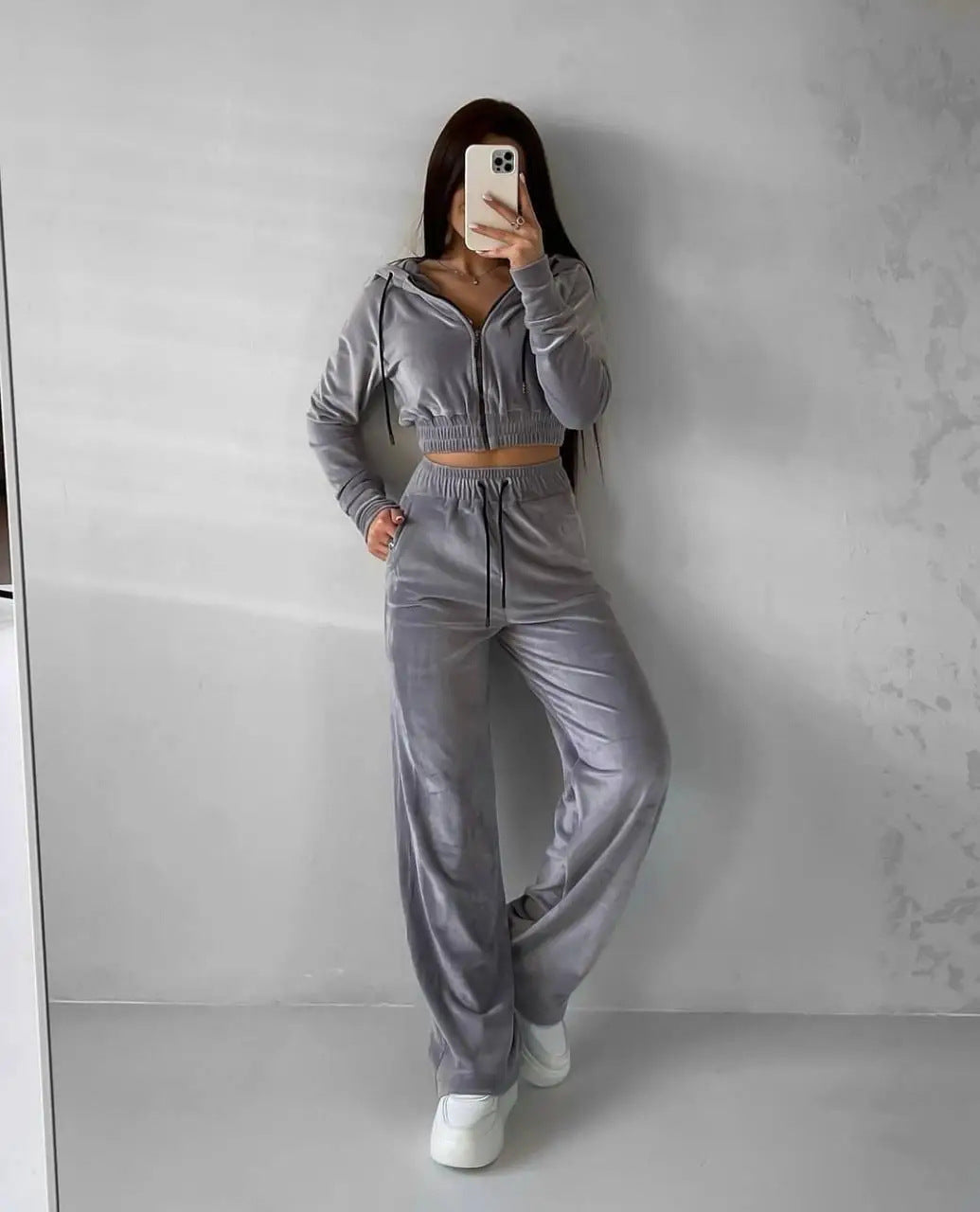 Damen Samt-Loungewear-Set mit Cropped Zip-Kapuzenjacke und weiter Palazzohose Drune