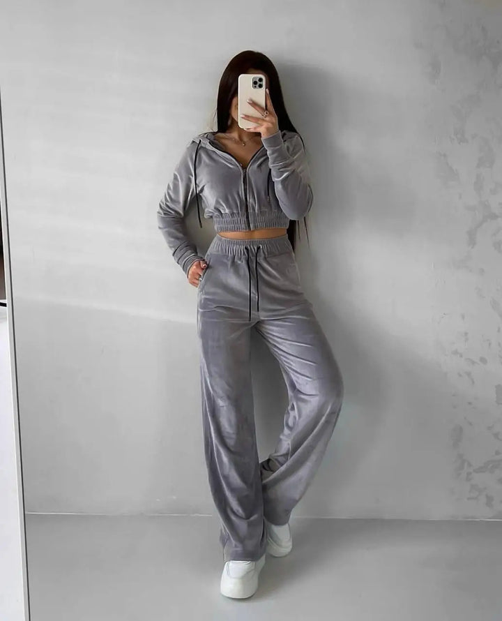 Damen Samt-Loungewear-Set mit Cropped Zip-Kapuzenjacke und weiter Palazzohose Drune