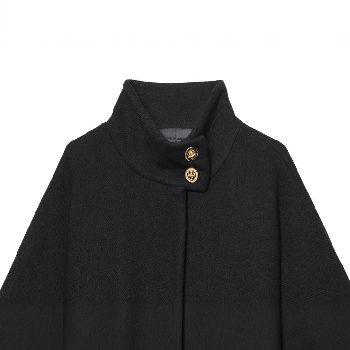 Damen Cape-Mantel mit Stehkragen, Bindegürtel und dekorativen Zierknöpfen Drune
