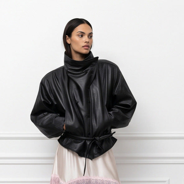 Damen Oversize-Kunstleder-Bomberjacke mit hohem Stehkragen und Taillengürtel Drune