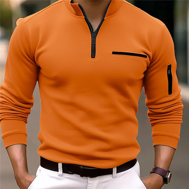 Herren Slim-Fit Pullover mit halbem Reißverschluss, Brust- und Ärmeltasche Drune