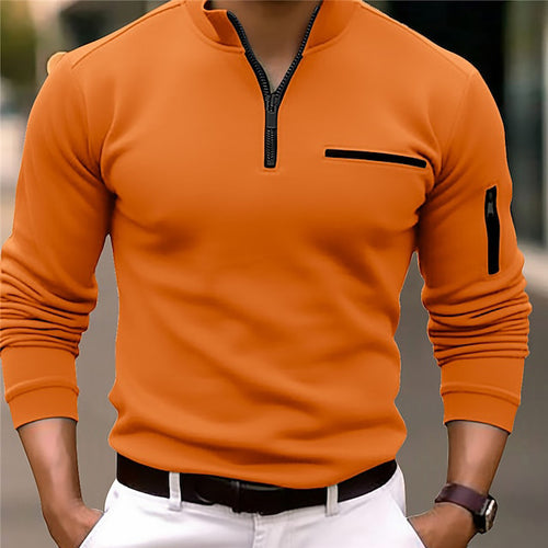 Herren Slim-Fit Pullover mit halbem Reißverschluss, Brust- und Ärmeltasche Drune