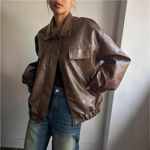Damen Lässige oversized Kunstlederjacke mit praktischen Taschen Drune