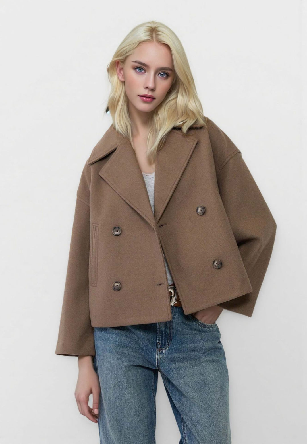 Damen Kurzer Doppelreihiger Wollmix-Mantel mit Oversize-Revers Drune