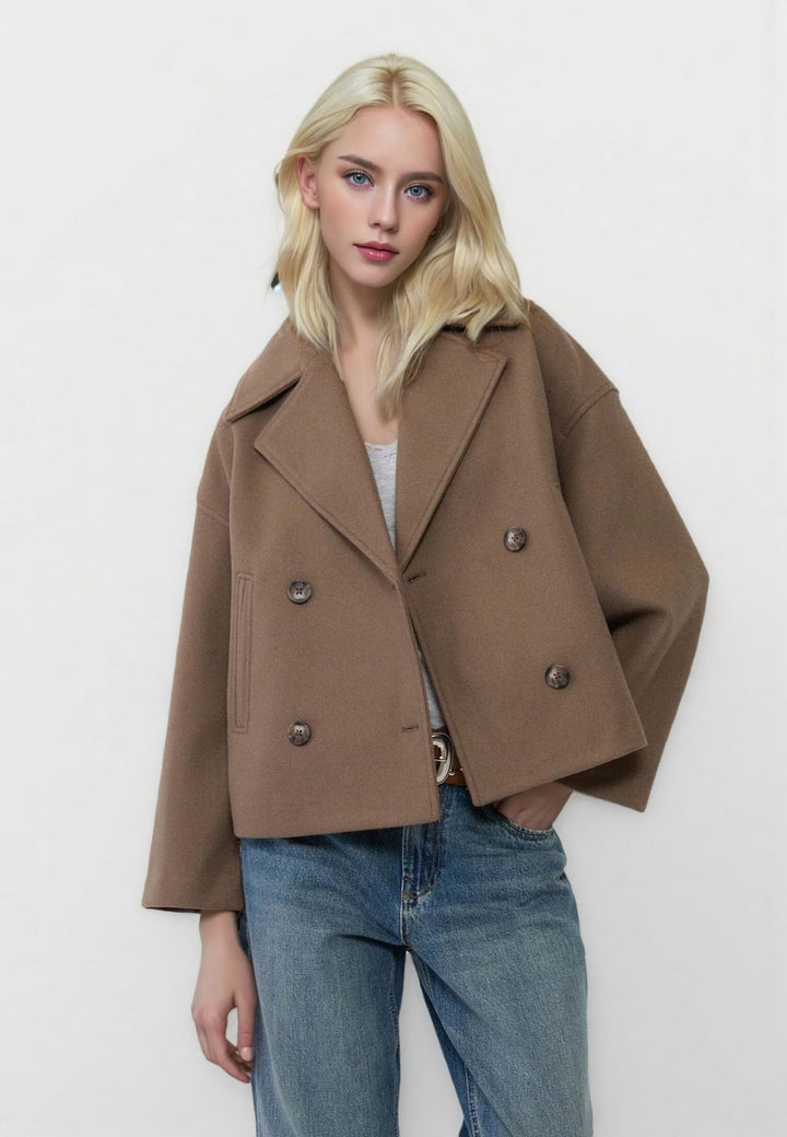 Damen Kurzer Doppelreihiger Wollmix-Mantel mit Oversize-Revers Drune