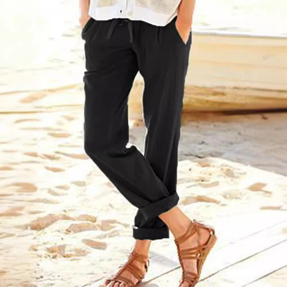 Damen bequeme Leinenhose mit elastischem Bund und seitlichen Taschen Drune