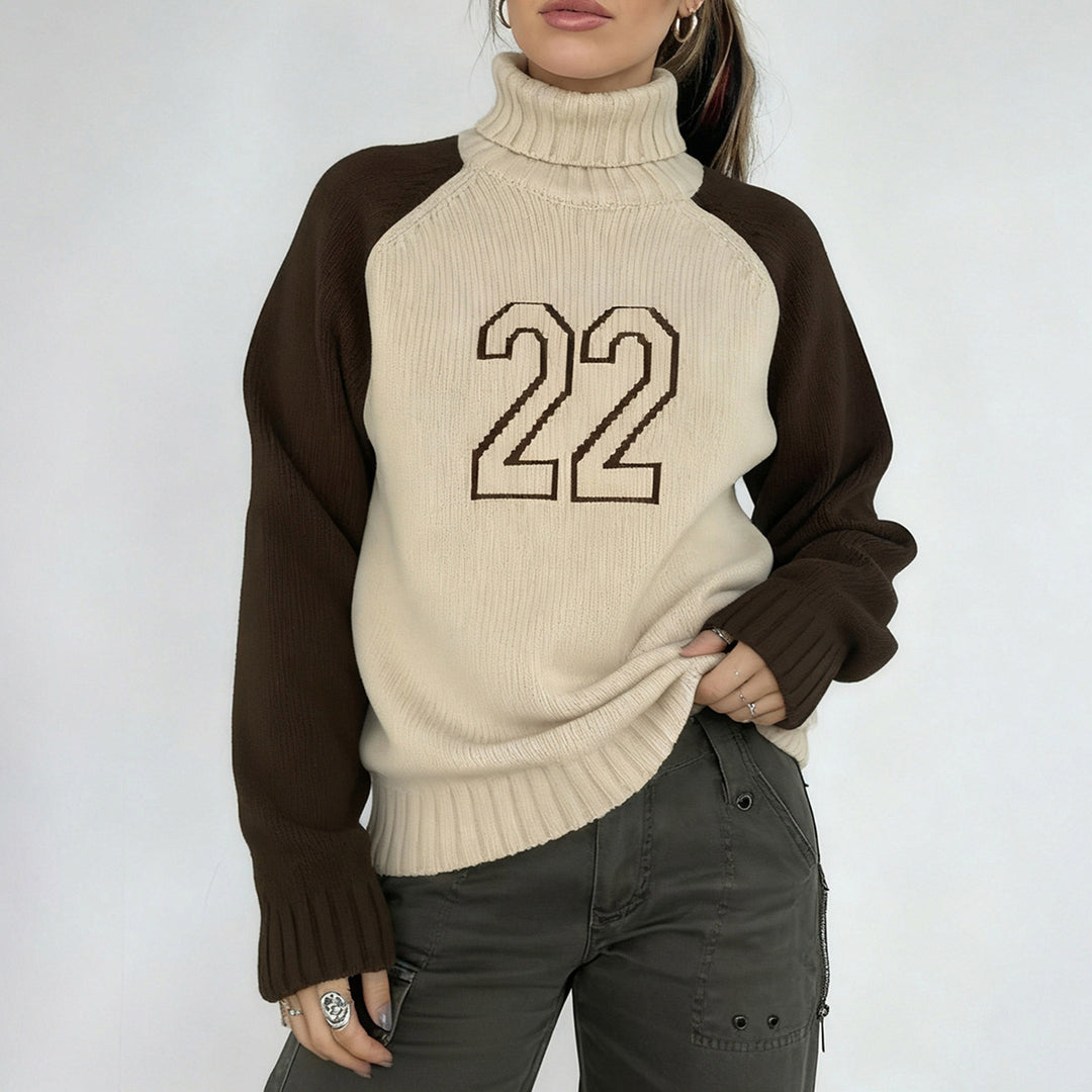 Damen Rollkragenpullover mit Raglanärmeln und Zahlen-Intarsia Drune