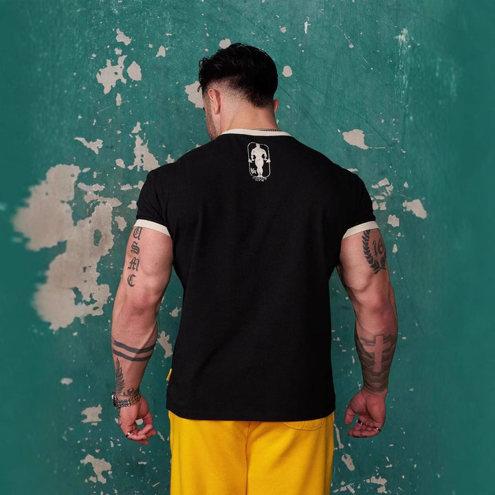 Herren nan Vintage Trainingsshirt mit Rundhalsausschnitt Kontrastbündchen und Retro-Bodybuilding-Druck Drune
