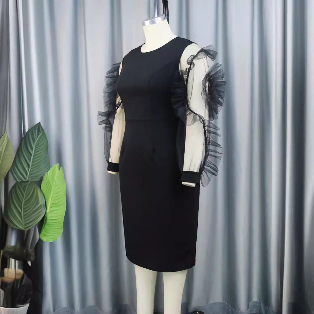 Damen Elegantes Figurbetontes Kleid mit voluminösen Tüllärmeln Drune