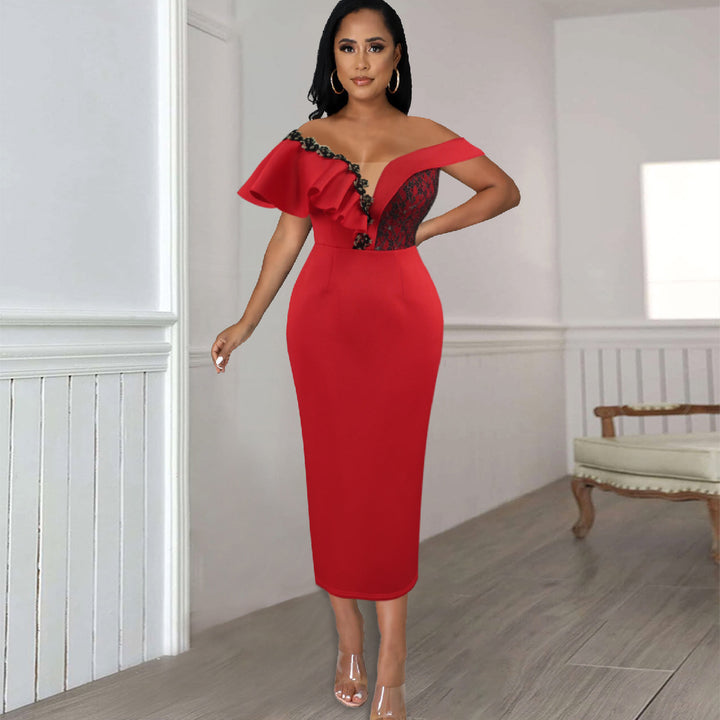 Damen Elegantes Figurbetontes Kleid mit asymmetrischem Design und Rüschendetails Drune