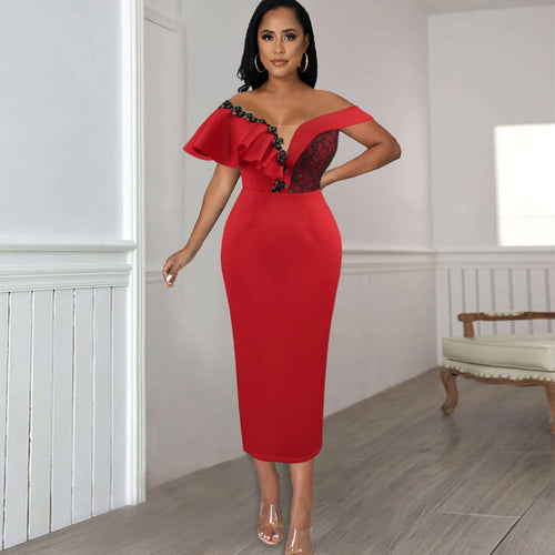 Damen Elegantes Figurbetontes Kleid mit asymmetrischem Design und Rüschendetails Drune