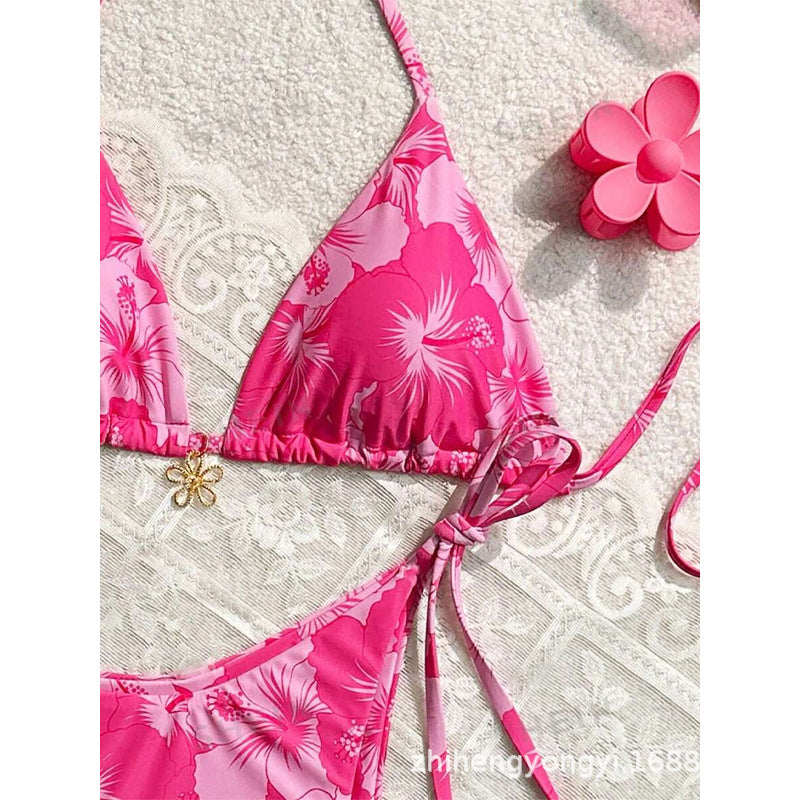 Damen Triangel-Bikini mit floralen Mustern und feinen Bindebändern Drune