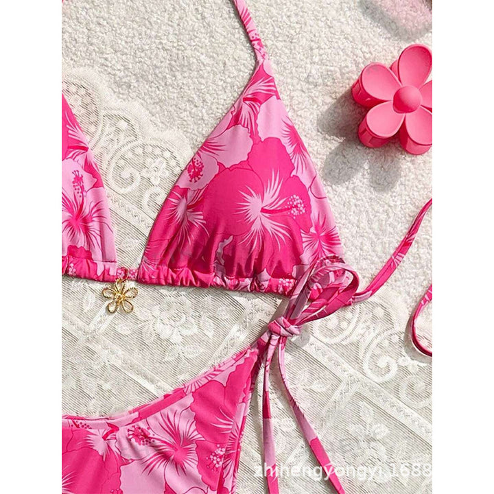Damen Triangel-Bikini mit floralen Mustern und feinen Bindebändern Drune
