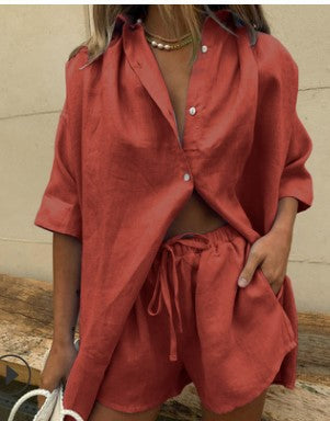 Damen lässiges Leinen-Set mit oversized Hemd und kurzen Hosen Drune