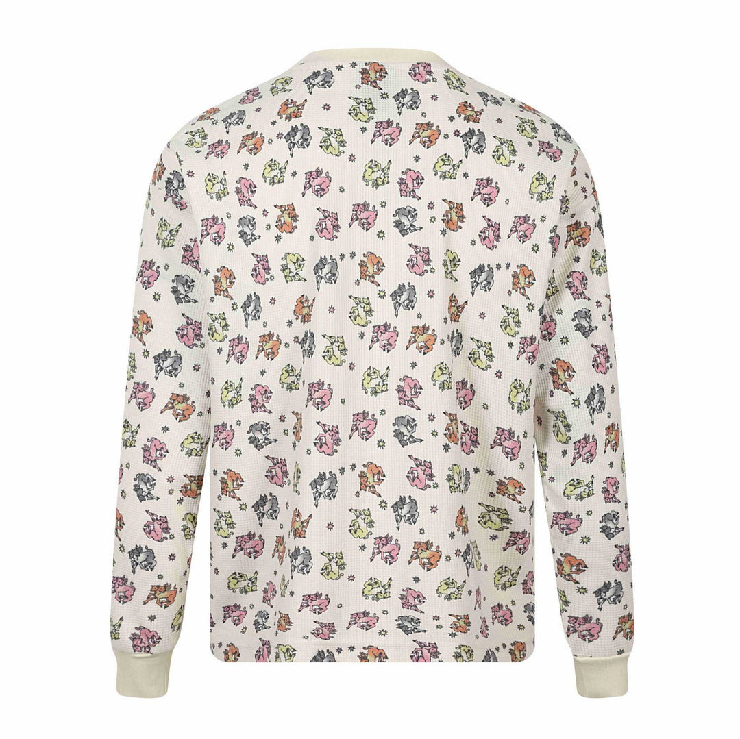 Damen Waffel‑Thermalshirt mit verspieltem Allover‑Print und geripptem Rundhals Drune